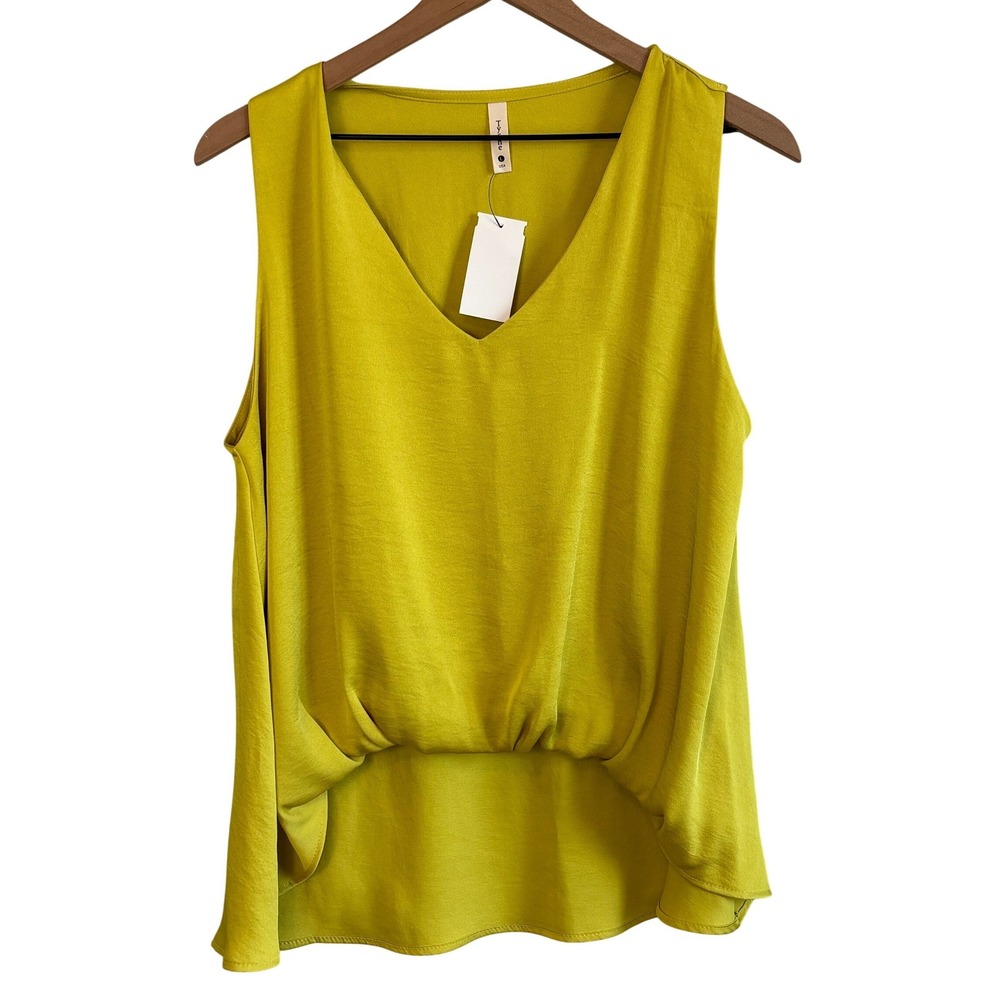 NEW Tyche Tank Top Chartreuse Satin Womens L V-Neck Draped High-Low Sleeveless